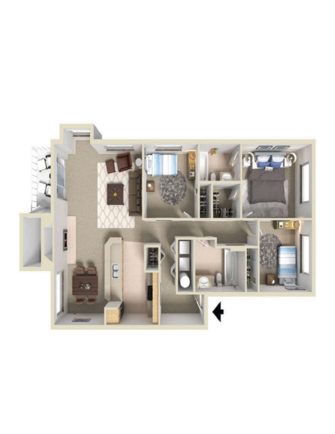 Floor plan for 3 beds, 2 baths, 1106 sqft